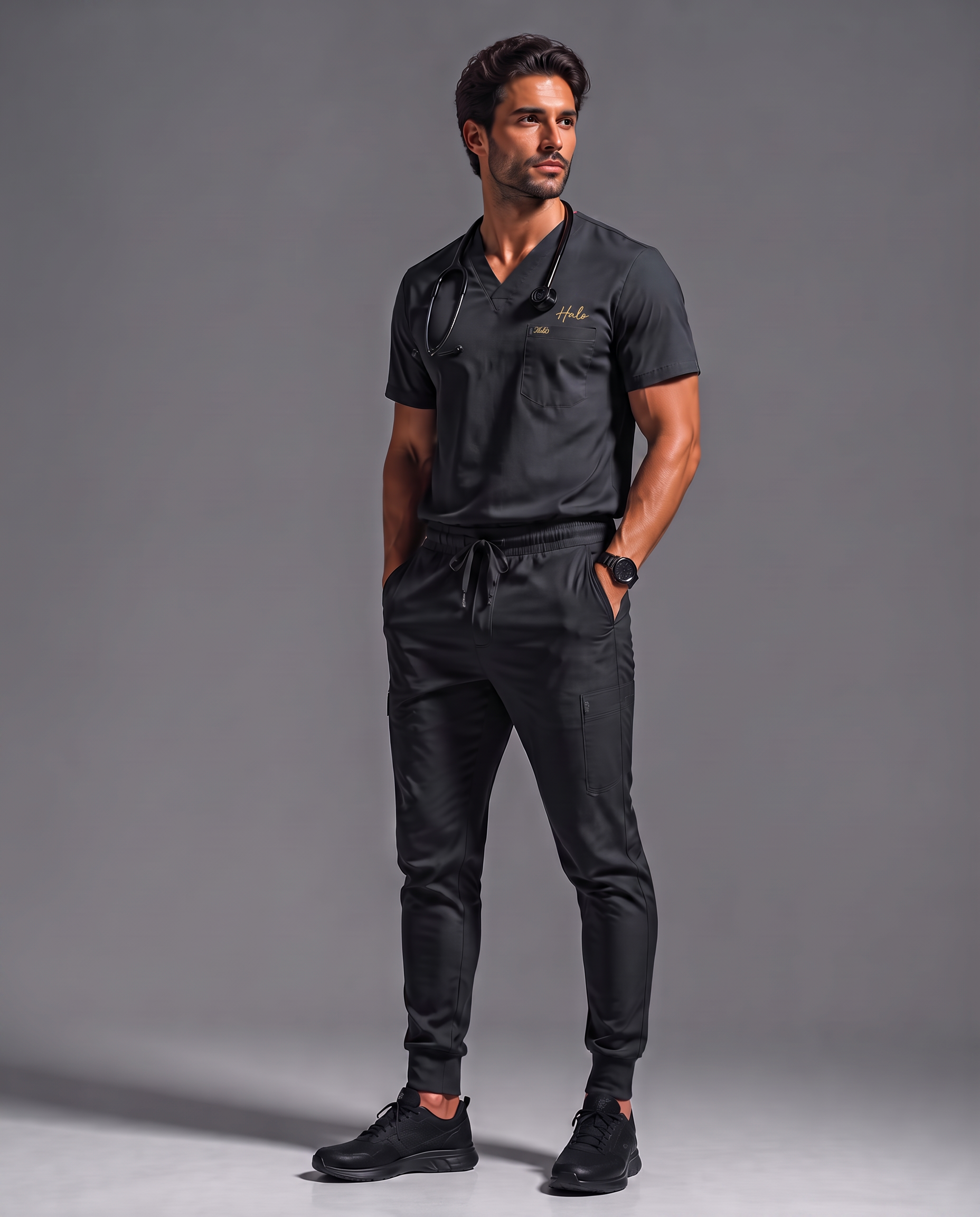 Man wearing HALO Charcoal premium scrubs