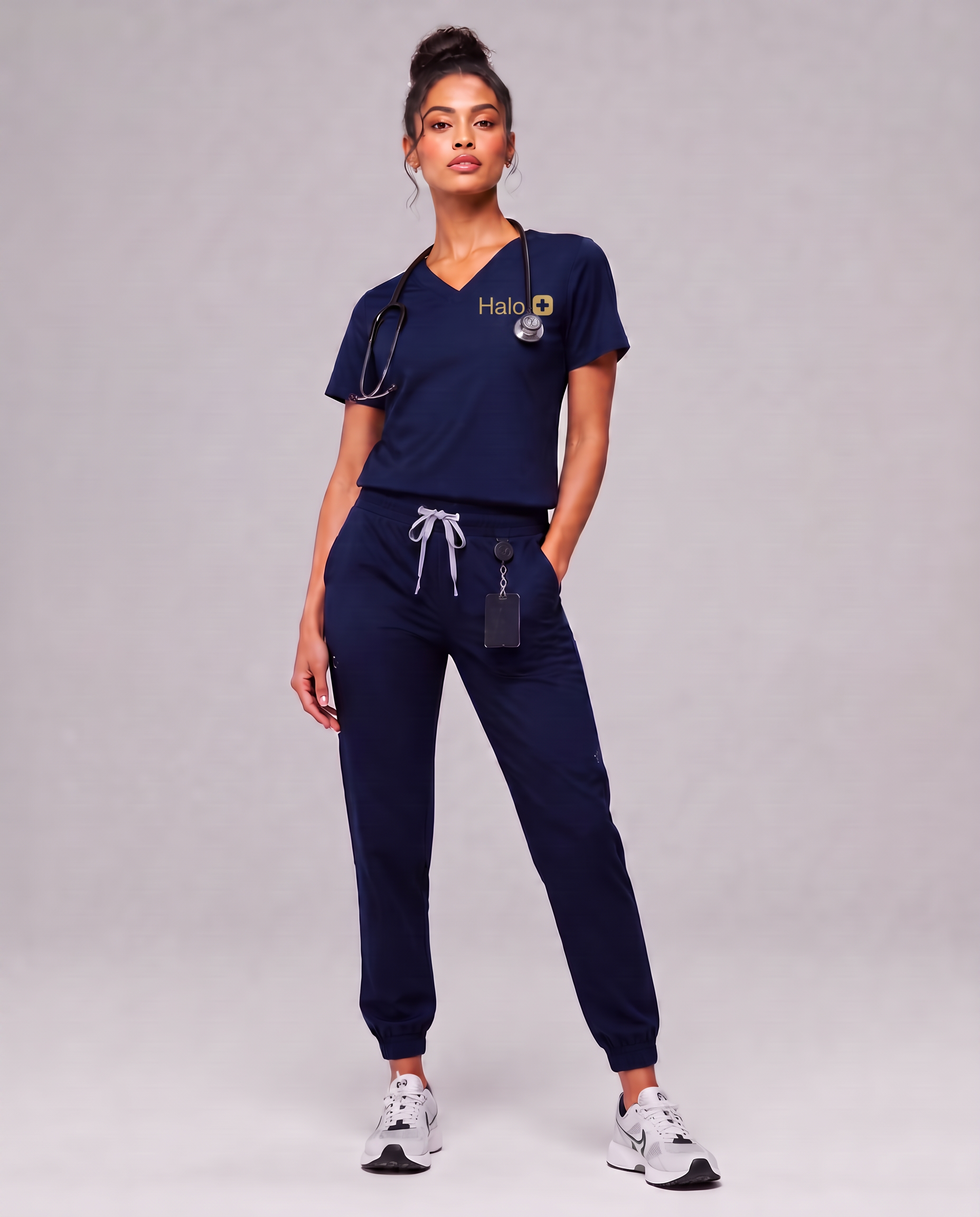 Woman wearing HALO Midnight Navy premium scrubs
