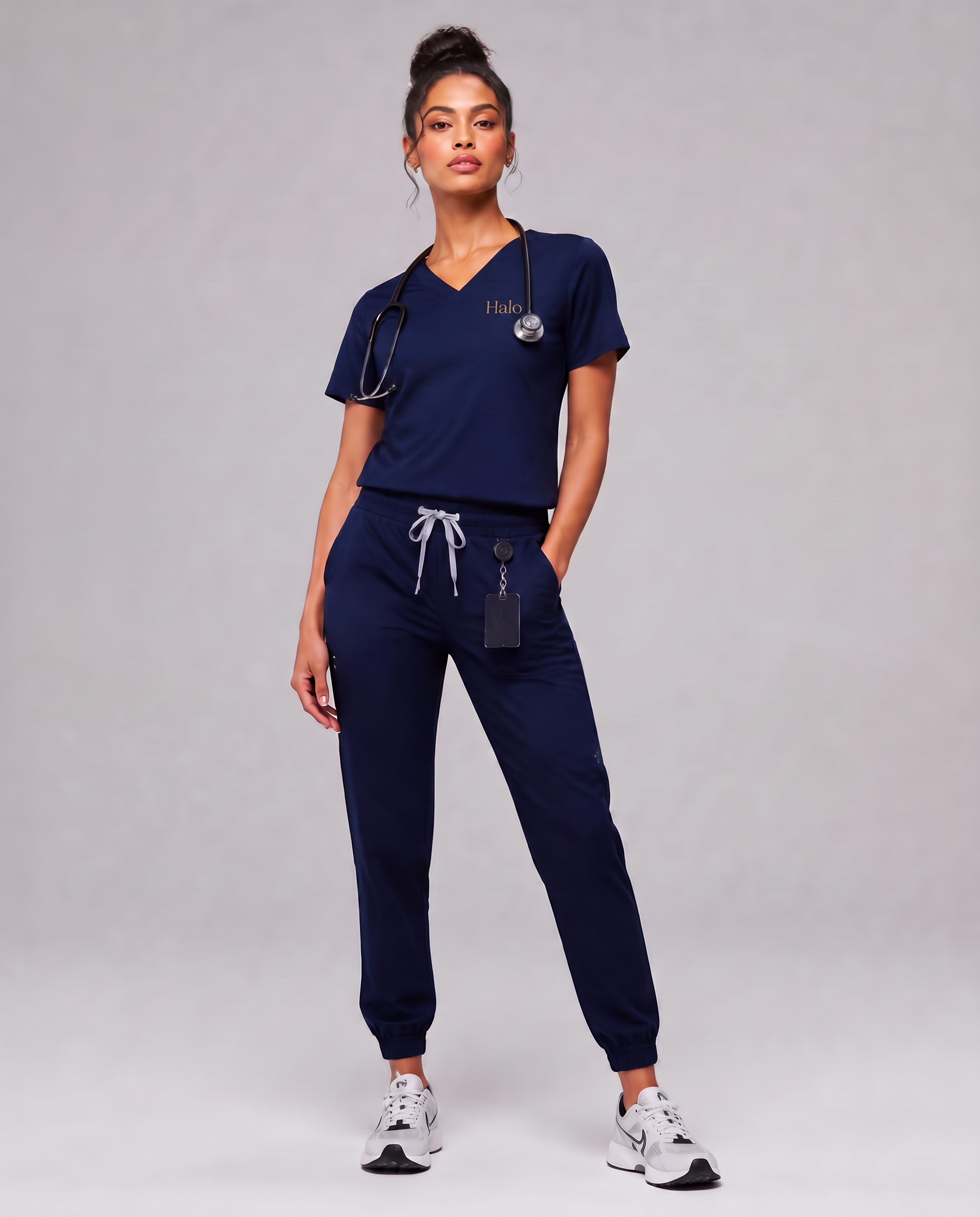 Woman wearing HALO Midnight Navy premium scrubs