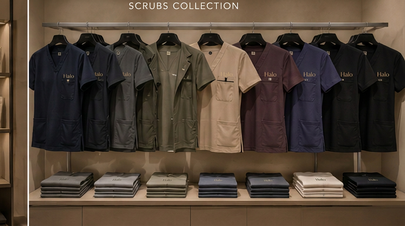 HALO in-store Scrubs Collection display