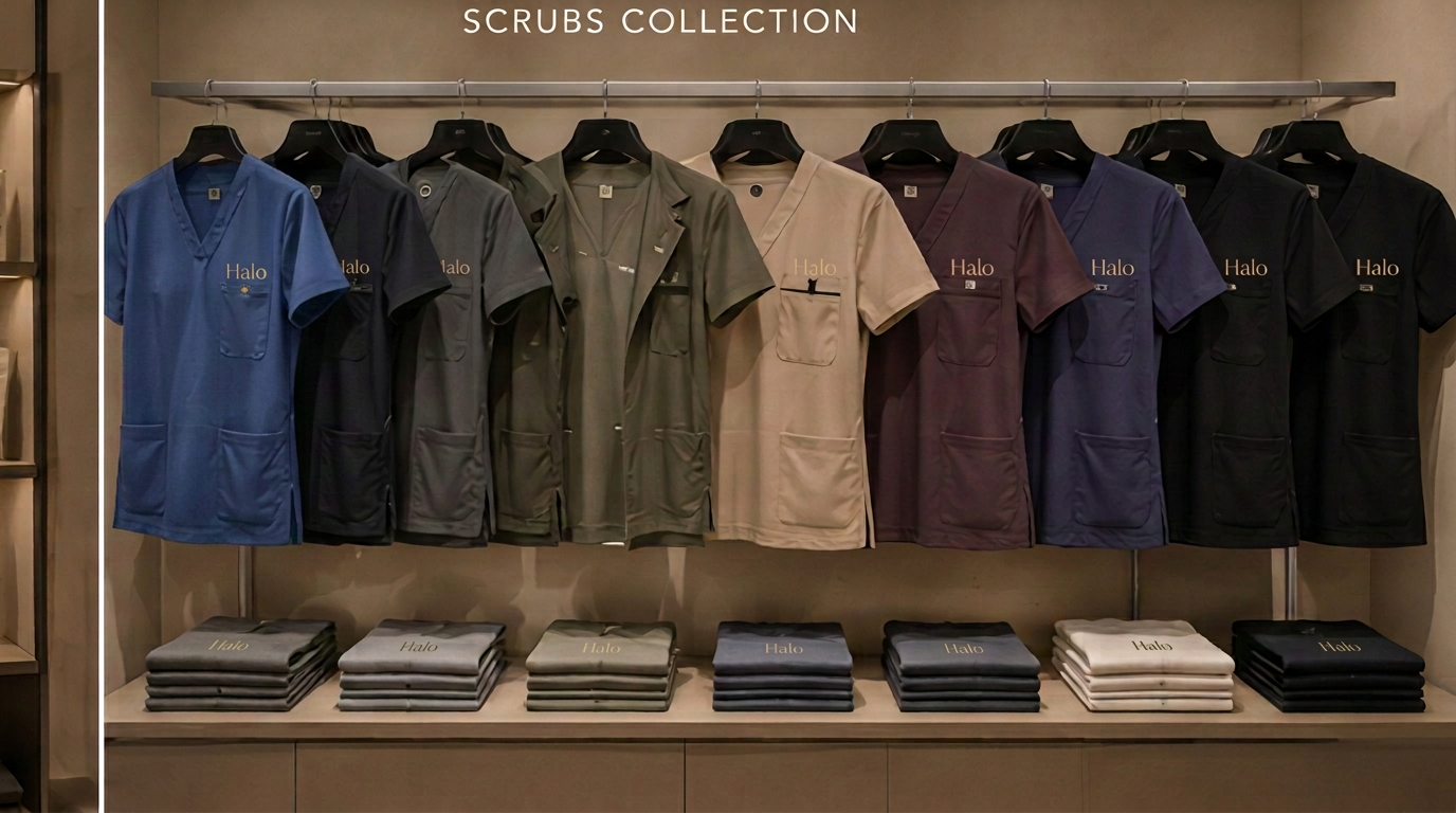 HALO in-store Scrubs Collection display